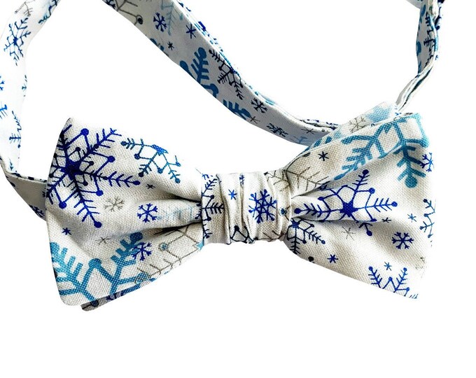 Handmade Pre-tied Bow Tie - White with Blue & Silver Snowflakes - Premium Cotton  - Adult Men's and Boys Sizing - Crafted in the USA
