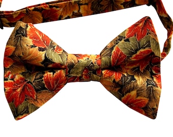 Handmade Pre-tied Bow Tie - Elegant Harvest Autumn Leaves Design - Cotton Bow Tie - Adult Men's Sizing - Crafted in the USA