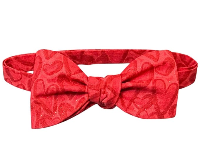Handcrafted Red Heart Men's Bow Tie – Valentine's Day Cotton, Gold Sparkle (Self-tie or Pretied)