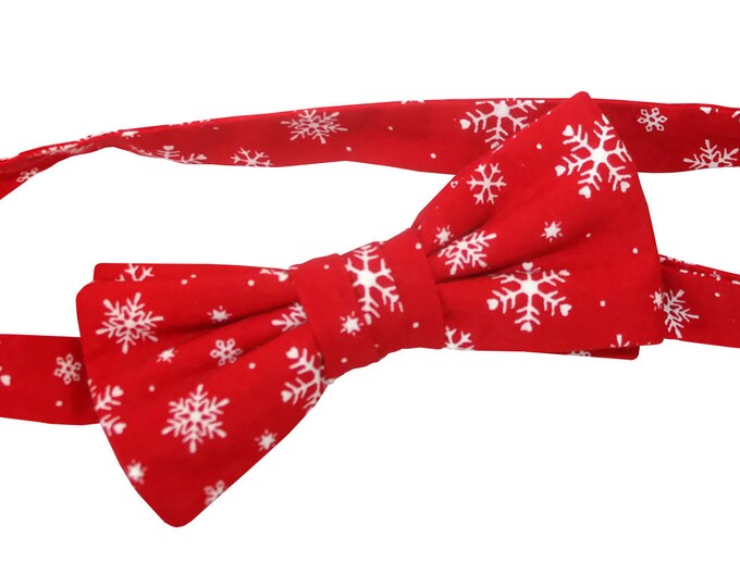 Handmade Pre-tied Bow Tie - Holiday Red with White Snowflakes Design - Baby to Adult Men's Sizing - Crafted in the USA