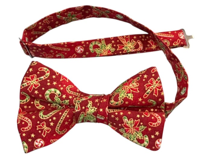 Handmade Pretied Bow Tie - Christmas Red Candy Cane - Adult Men's Sizing - Crafted in the USA