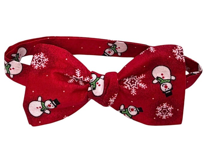 Men's Holiday Snowman Bow Tie - Self-tie or Pretied, Red Cotton Print, Holiday Accessory