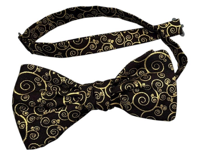Handmade Pretied Bow Tie - Black Gold Paisley Swirls - Adult Men's Sizing - Crafted in the USA