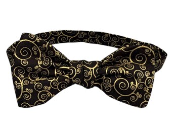 Black Gold Swirl Cotton Bow Tie – Self-tie, Pretied, Wedding, Prom, Men's Sizing