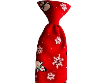 Handmade Clip On Necktie - Red Snowmen and White Snowflakes Christmas Holiday - Toddler Boys and Youth Sizing - Crafted in the USA