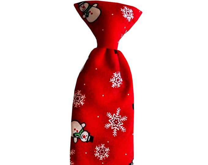 Handmade Clip On Necktie - Red Snowmen and White Snowflakes Christmas Holiday - Toddler Boys and Youth Sizing - Crafted in the USA