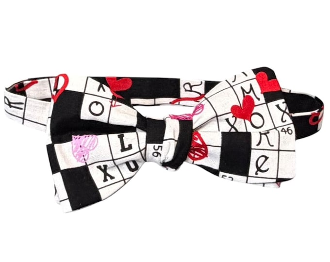 Valentine Crossword Bow Tie – Self-tie or Pretied Cotton Neckwear – Made in USA