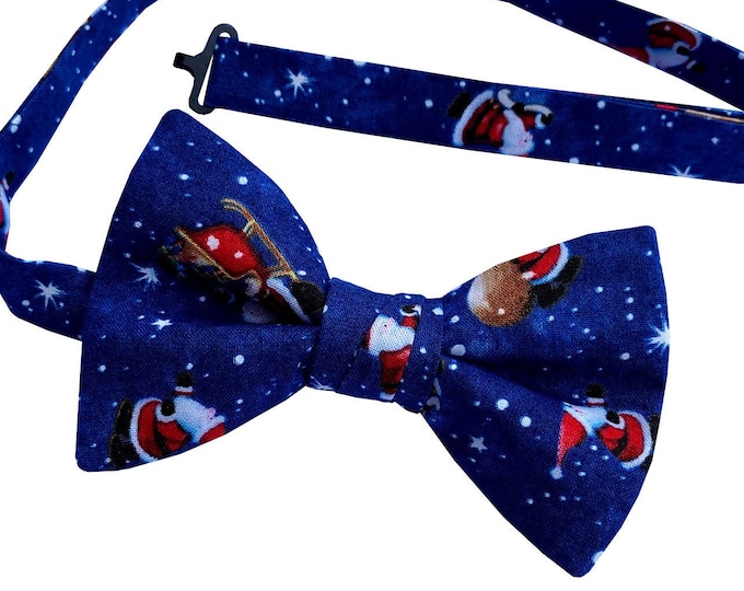 Handmade Pre-tied Bow Tie - Santa Claus Christmas Blue with White Snow - Adult Mens and Kids Sizing - Crafted in the USA