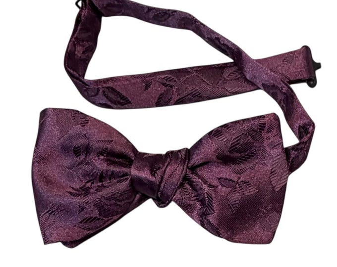 Handmade Pretied Bow Tie - Berry Rose Satin Jacquard - Adult Men's Sizing - Crafted in the USA