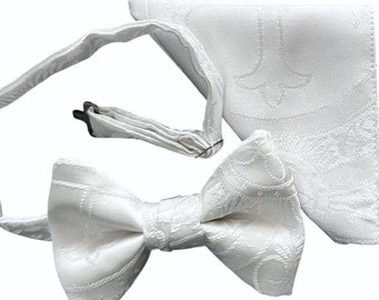 Boys Bow Tie and Pocket Square Set - White Clergy Brocade for First Holy Communion - Boys and Youth Sizing - Handcrafted in the USA
