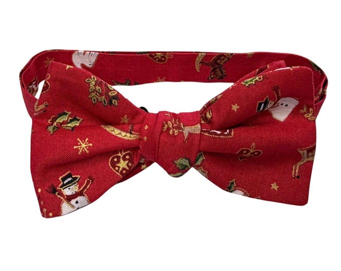 Men's Holiday Bow Tie - Self-tie or Pretied, Cotton, Red & Gold Christmas Miniatures Accessory
