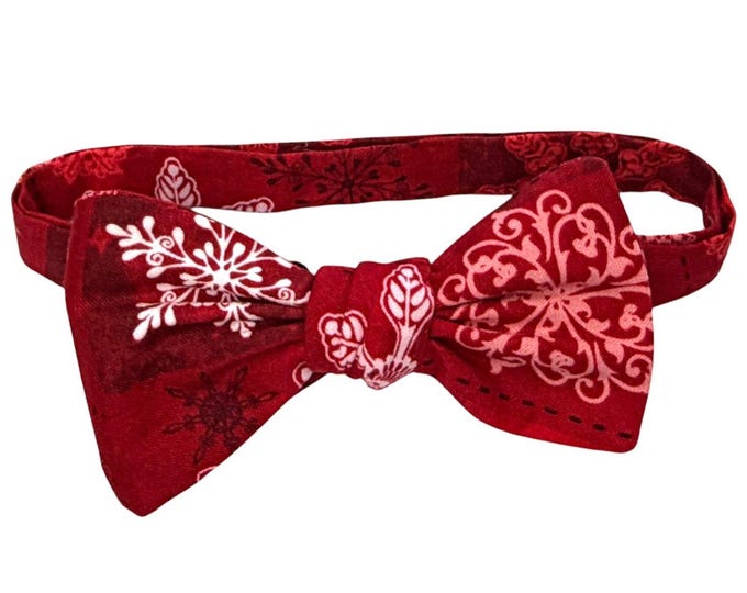 Holiday Self-tie or Pretied Bow Tie - Red Snowflakes - Adult Mens Sizing - Handcrafted in the USA