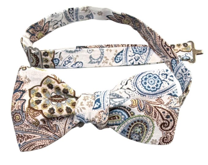 Handmade Pre-Tied Bow Tie - Blue Brown Paisley - Cotton - Adult Men's Sizing - Crafted in the USA