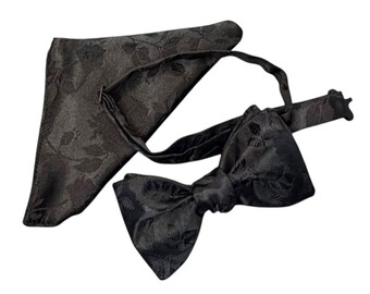 Black Rose Brocade Bow Tie and Pocket Square Set – Adult, USA Made