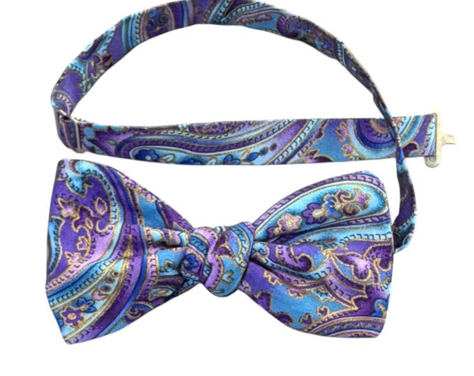 Handmade Pretied Bow Tie - Purple and Blue Paisley - Adult Men's Sizing - Crafted in the USA