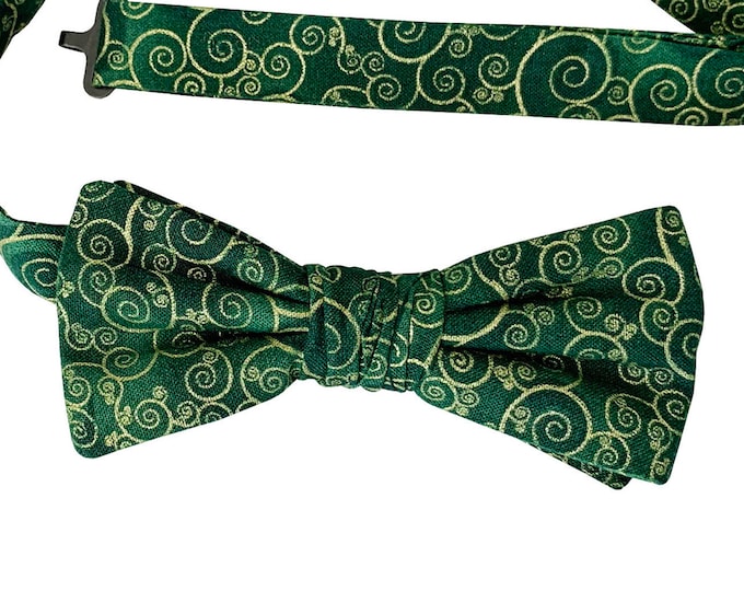 Handmade Pre-tied Bow Tie - Green with Metallic Gold Paisley Swirls - Premium Cotton  - Adult Mens and Boys Sizing - Crafted in the USA