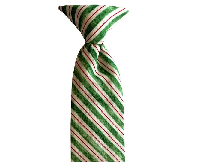 Handmade Clip-on Dress Neck Tie - Green and Red Candy Cane Stripe Holiday Design - Toddler Boys and Youth Sizing - Crafted in the USA