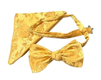 Gold Rose Brocade Bow Tie and Pocket Square Set – Adult, USA Made