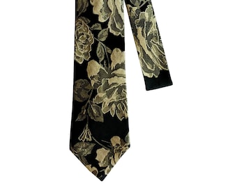 Self-tie Necktie - Black with Gold Roses - Satin Jacquard- Adult Mens Sizing - Handcrafted in the USA