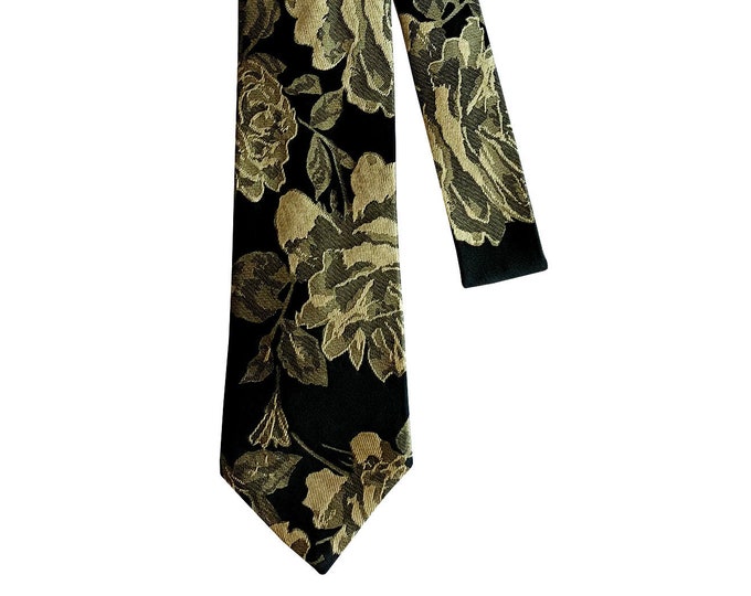 Self-tie Necktie - Black with Gold Roses - Satin Jacquard- Adult Mens Sizing - Handcrafted in the USA