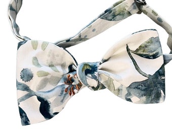 Handmade Floral Bow Tie – Vintage Teal, Blue, and Green