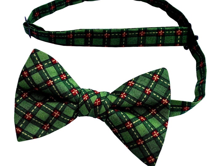 Handmade Christmas Bow Tie - Vintage Green Red Plaid, Metallic Gold