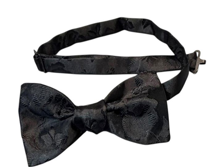 Handmade Pretied Bow Tie - Black Rose Satin Jacquard - Adult Men's Sizing - Crafted in the USA