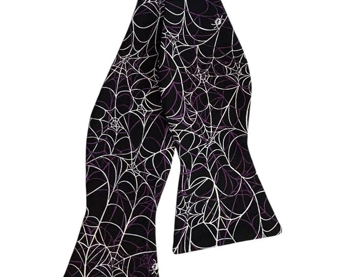 Halloween Self-tie Bow Tie - Black with Purple and White Spider Webs - Adult Men's Sizing - Handcrafted in the USA