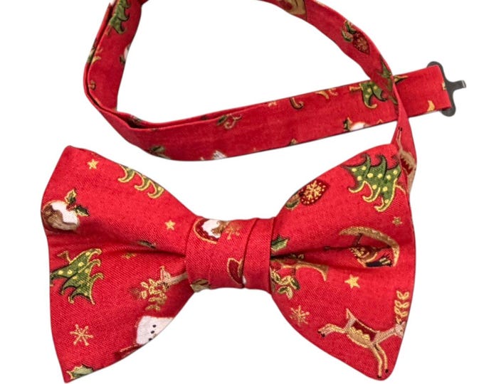Handmade Pretied Bow Tie - Red Christmas Miniatures - Cotton - Adult Mens Sizing - Crafted in the USA
