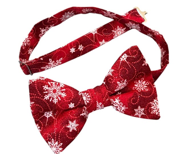 Handmade Pre-tied Bow Tie - Red Snowflake Sparkle - Cotton - Adult Mens Sizing - Crafted in the USA