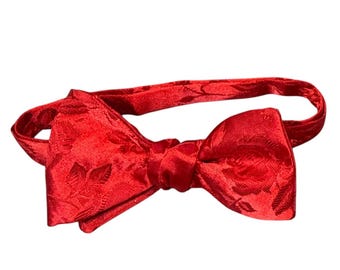 Red Floral Rose Jacquard Bow Tie – Satin Self-Tie or Pretied Wedding Accessory