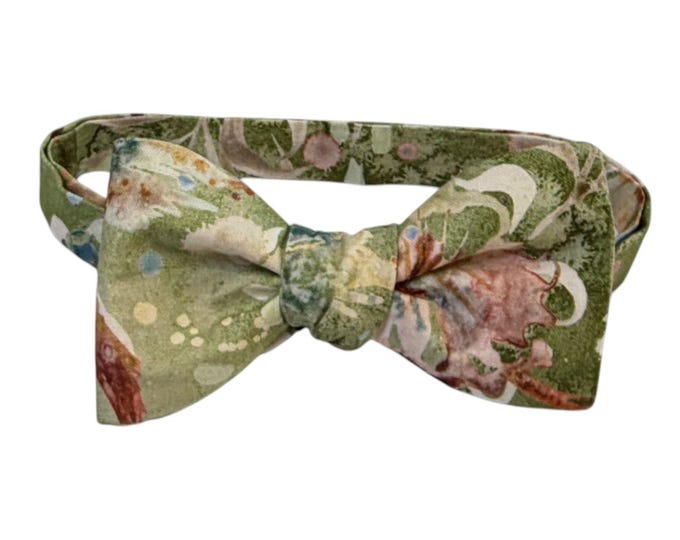 Vintage Sage Green Floral Bow Tie – Cotton, Self-Tie or Pretied, USA Made