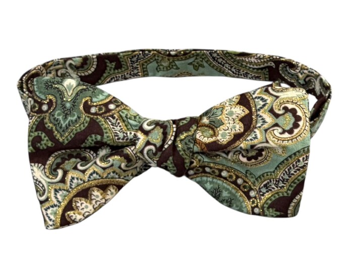 Teal Brown Paisley Self-Tie, Pretied Bow Tie – Cotton, Wedding, Prom, USA Made