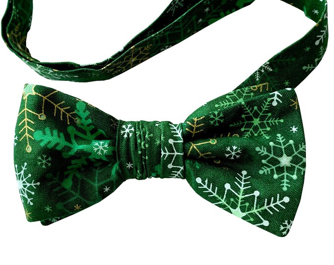 Handmade Pre-tied Bow Tie - Green with Metallic Gold Snowflakes - Premium Cotton  - Adult Men's and Boys Sizing - Crafted in the USA