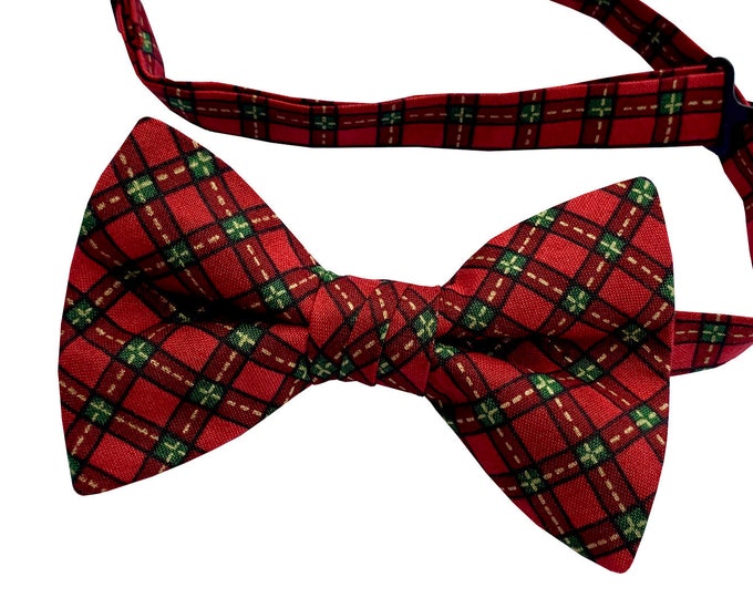 Handmade Pre-tied Bow Tie - Vintage Red and Green Plaid Design - Mens and Boys Sizing - Crafted in the USA