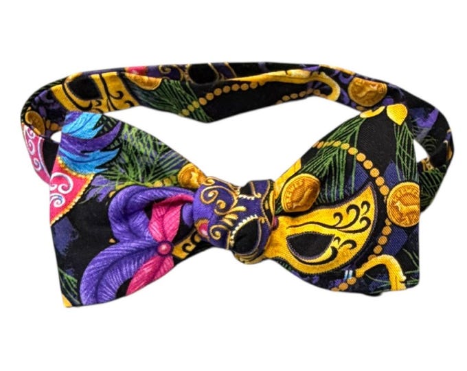 Mardi Gras Bow Tie - Masquerade Mask & Fleur Des Lis, Cotton Self-Tie or Pretied