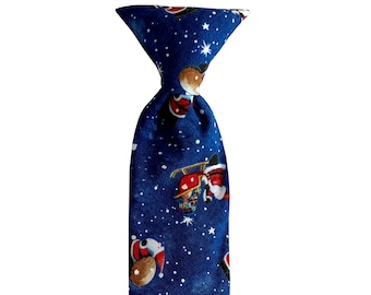 Handmade Self-tie Necktie - Santa Clause on Blue with White Snowfall - Men's and Boys Sizing - Crafted in the USA