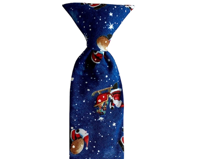 Handmade Clip On Necktie - Santa Clause on Blue with White Snowfall - Toddler Boys and Youth Sizing - Crafted in the USA