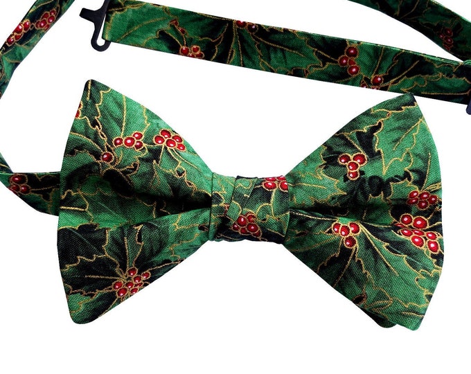 Handmade Pre-tied Bow Tie - Holiday Green and Red Holly Berry Touched with Gold Metallic - Adult Mens and Boys Sizing - Crafted in the USA