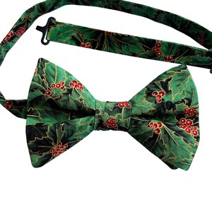 Handmade Pre-tied Bow Tie - Holiday Green and Red Holly Berry Touched with Gold Metallic - Adult Mens and Boys Sizing - Crafted in the USA