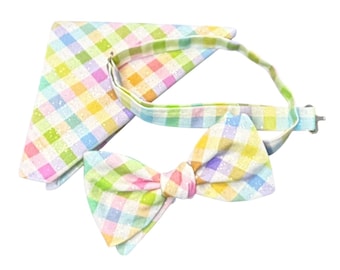 Easter Bow Tie & Pocket Square Set - Pastel Plaid, USA Crafted