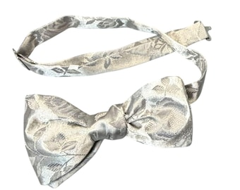 Silver Grey Rose Brocade Bow Tie - Handcrafted Adjustable Satin