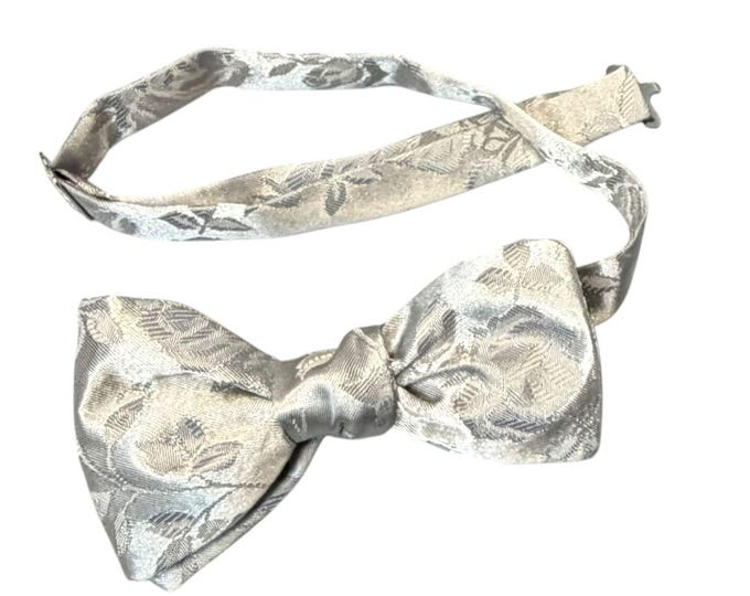 Silver Grey Rose Brocade Bow Tie - Handcrafted Adjustable Satin