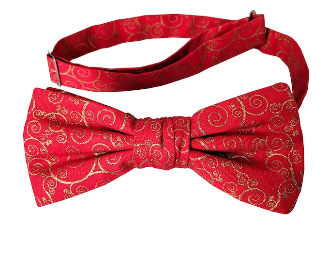 Handmade Pre-tied Bow Tie - Red with Metallic Gold Paisley Swirls - Premium Cotton  - Adult Men's and Boys Sizing - Crafted in the USA