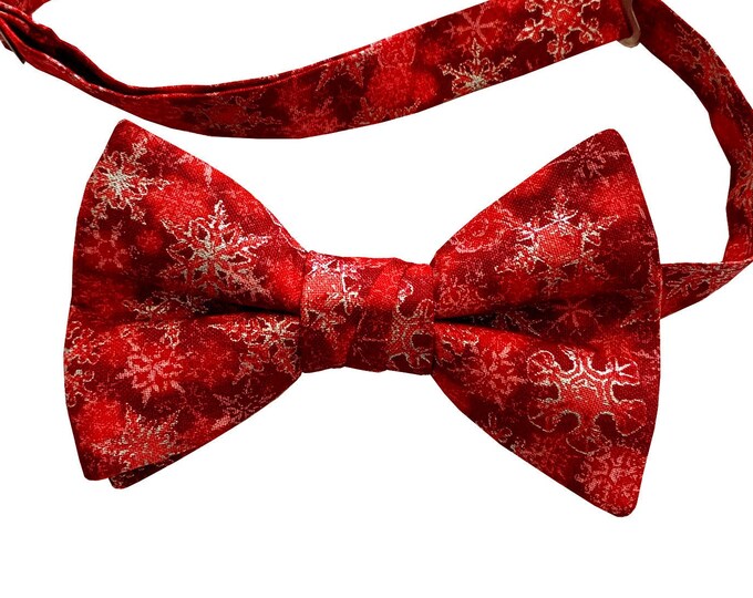 Snowflake Handmade Pre-tied Bow Tie - Christmas Red with Iridescent - Cotton Bow Tie - Adult Men's to Baby Sizing - Crafted in the USA