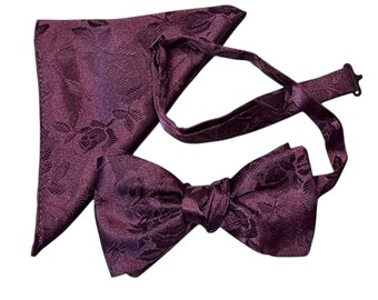 Plum Rose Brocade Bow Tie and Pocket Square Set – Adult, USA Made