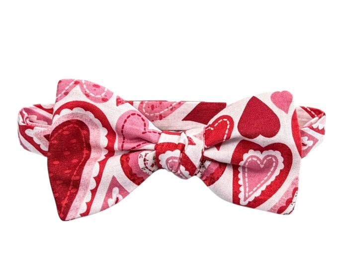 Valentine's Day Bow Tie - Red & Pink Hearts, Handmade Cotton, Selftie or Pretied