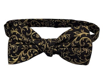 Self-tie or Pretied Bow Tie: Black & Gold Floral Wedding and Prom, Holiday Design