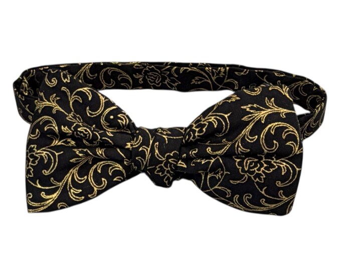 Self-tie or Pretied Bow Tie: Black & Gold Floral Wedding and Prom, Holiday Design