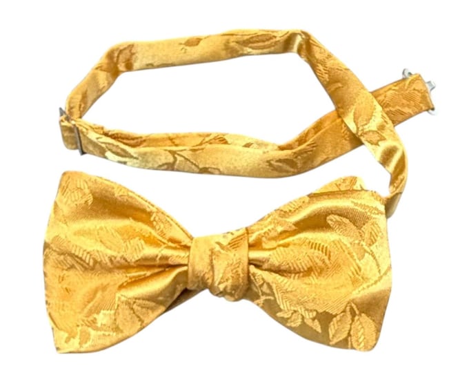 Handmade Pretied Bow Tie - Gold Rose Satin Jacquard - Adult Men's Sizing - Crafted in the USA